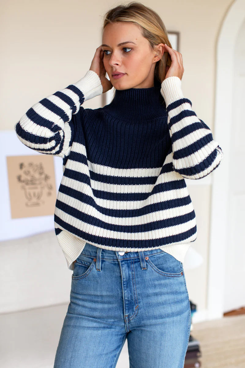 Emerson Fry Carolyn Funnel Neck Sweater - Navy Colorblock Stripe Organic